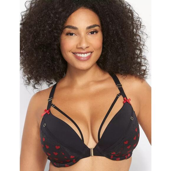 Cacique Heart Lace Boost Plunge Bra Strappy Front Closure Push Up Black 38DD - Picture 1 of 9